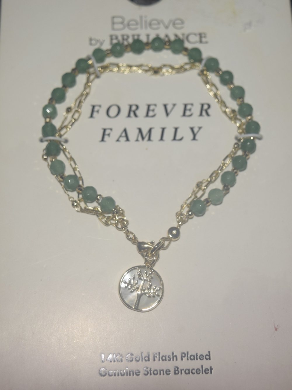 NWT Believe by Brilliance 14K Gold Plated Family Tree Charm Bracelet Green